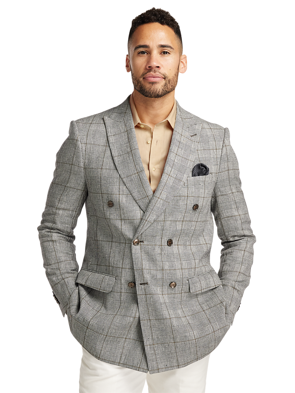 Alternate Image of Linen Blend Plaid Double Breasted Peak Lapel Sport Coat-1