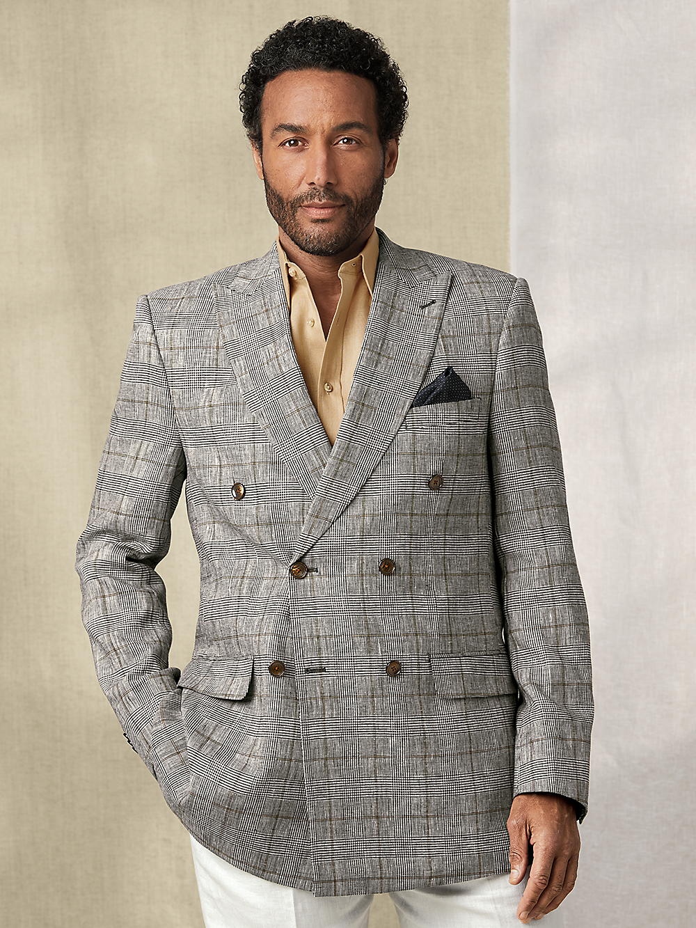 Alternate Image of Linen Blend Plaid Double Breasted Peak Lapel Sport Coat-7