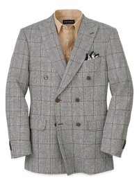 Linen Blend Plaid Double Breasted Peak Lapel Sport Coat - Grey/black