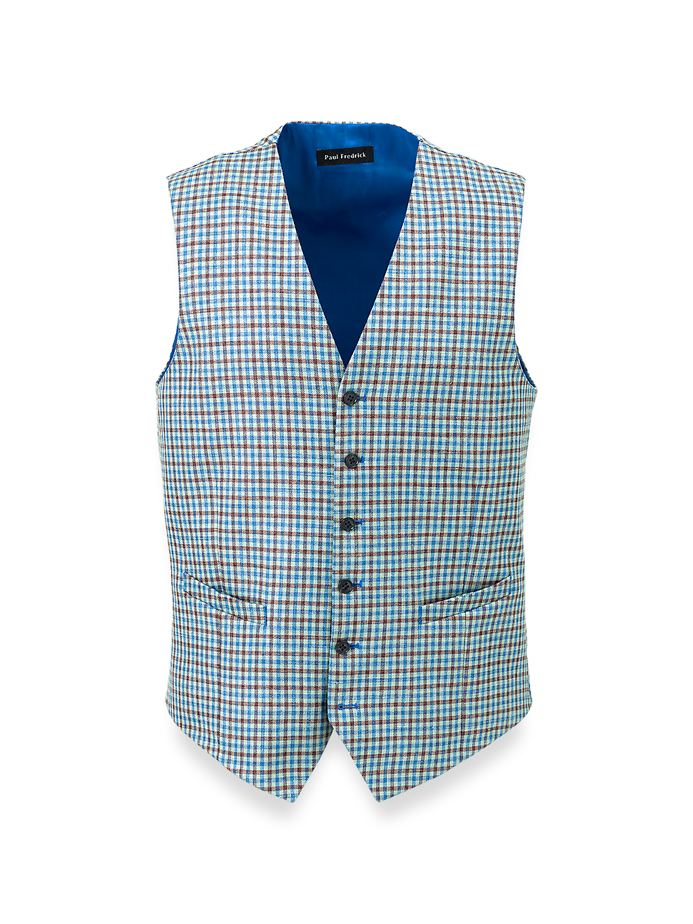 Product Image of Wool Blend Check Six Button Vest-Blue/Burgundy