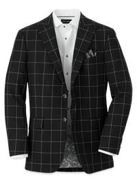 Wool Windowpane Single Breasted Peak Lapel Sport Coat - Black