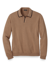 Cotton V-Neck Polo Sweater - Camel