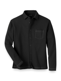 Cotton Blend Button Front Polo - Black