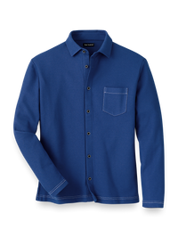 Cotton Blend Button Front Polo - Navy