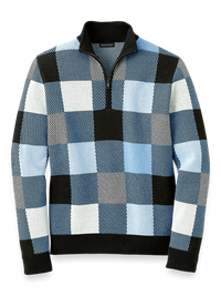 Cotton Quarter Zip Mock Neck Sweater - Blue Multi