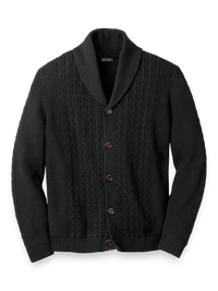 COTTON CABLE BUTTON FRONT CARDIGAN SWEATER - Black