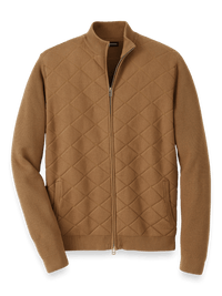 Cotton Full Zip Mock Neck Sweater - Camel