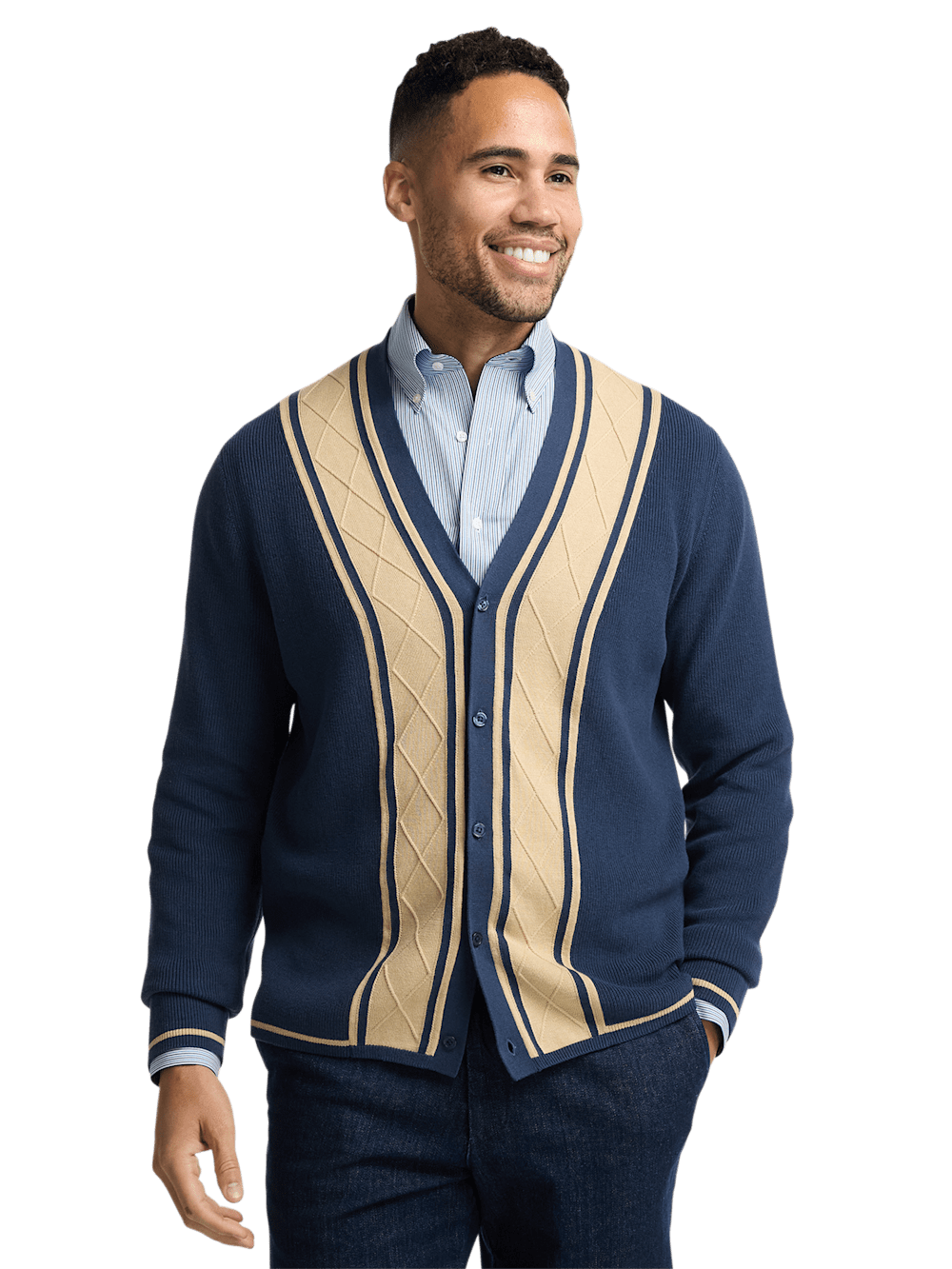 Paul Fredrick Cotton Button Front Cardigan Sweater Navy Large Tall