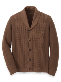 Cotton Cable Button Front Shawl Collar Cardigan - Brown