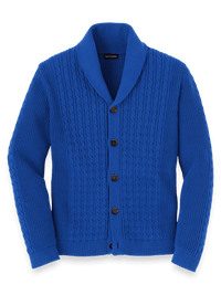 Cotton Cable Button Front Shawl Collar Cardigan - Cobalt