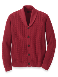 Cotton Cable Button Front Shawl Collar Cardigan - Burgundy