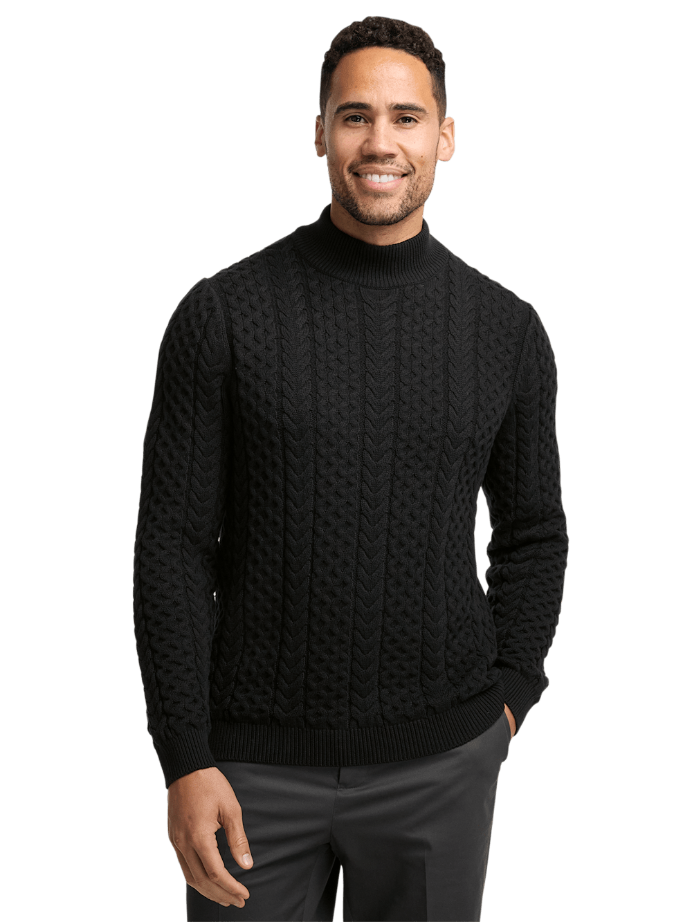 Paul Fredrick Cotton Cable Mock Neck Sweater Black Medium