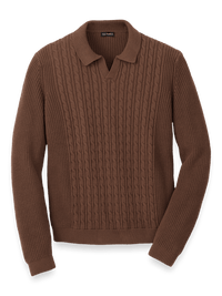 Cotton Cable V-neck Polo - Brown