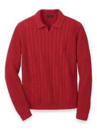 Cotton Cable V-neck Polo - Red