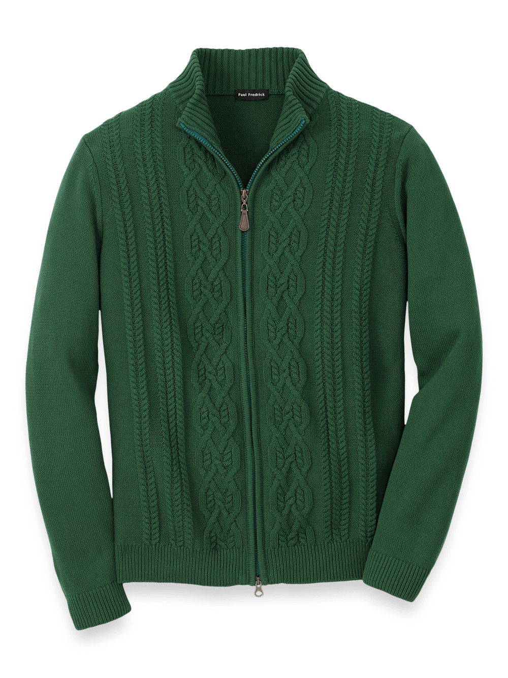 Product Image of Cotton Cable Full Zip Mock Neck Sweater-Green