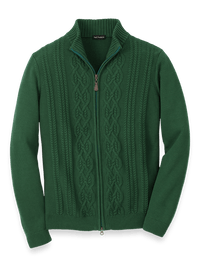 Cotton Cable Full Zip Mock Neck Sweater - Green