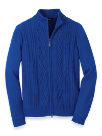 Cotton Cable Full Zip Mock Neck Sweater - Cobalt