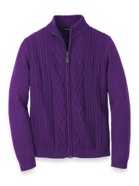 Cotton Cable Full Zip Mock Neck Sweater - Purple