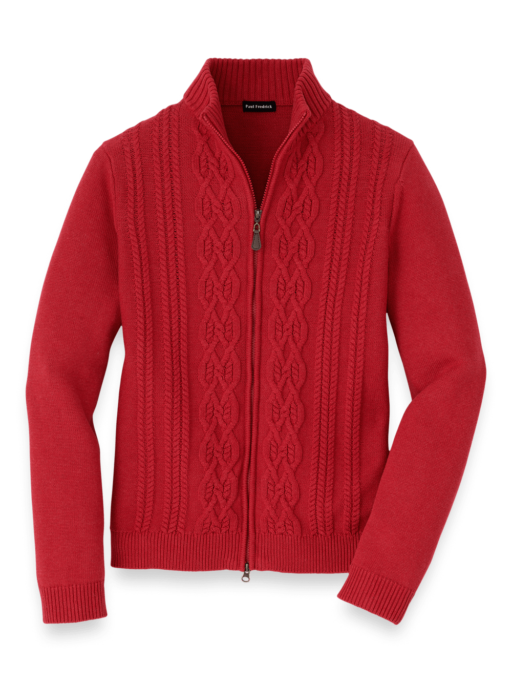 Product Image of Cotton Cable Full Zip Mock Neck Sweater-Red