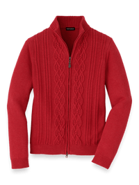 Cotton Cable Full Zip Mock Neck Sweater - Red