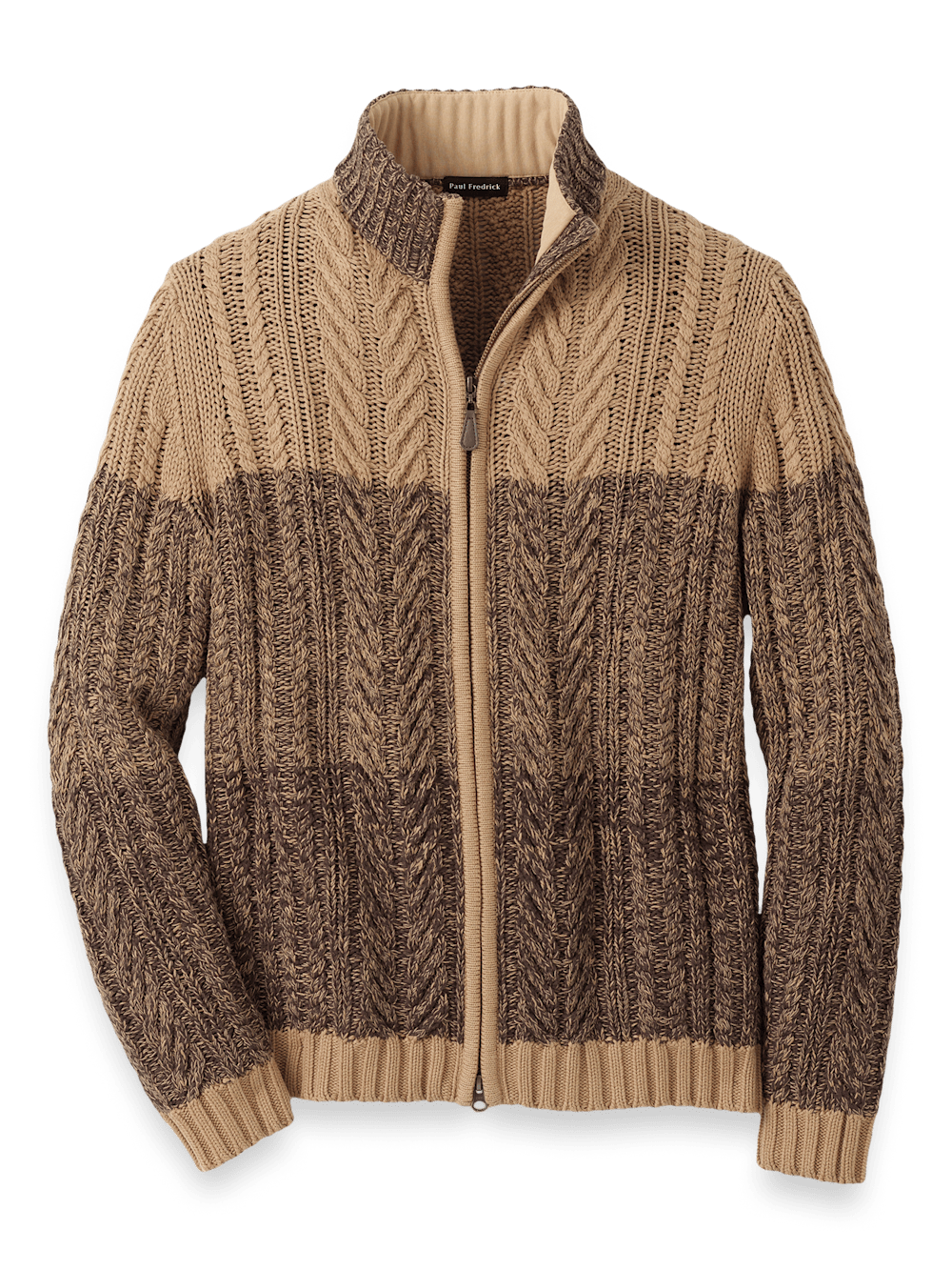 Product Image of Cotton Cable Full Zip Mock Neck Sweater-Brown