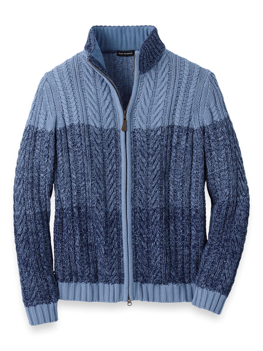 Product Image of Cotton Cable Full Zip Mock Neck Sweater-Blue