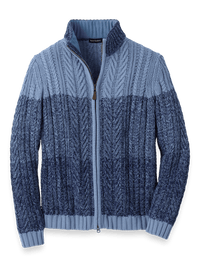 Cotton Cable Full Zip Mock Neck Sweater - Blue