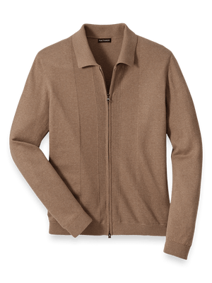 Silk Cotton Cashmere Full Zip Polo - Camel