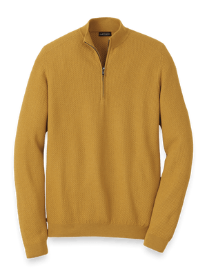 Silk Cotton Cashmere Quarter Zip Mock Neck Sweater - Gold