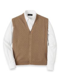 Cotton Button Front Cardigan Vest - Camel