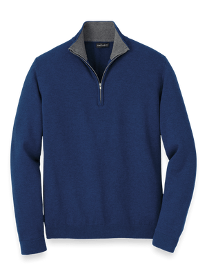 Supima Cotton Quarter Zip Mock Neck Sweater - Dark Blue