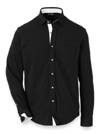 Cotton Blend Button Front Polo - Black