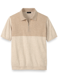 Cotton Blend Quarter Zip Polo - Tan