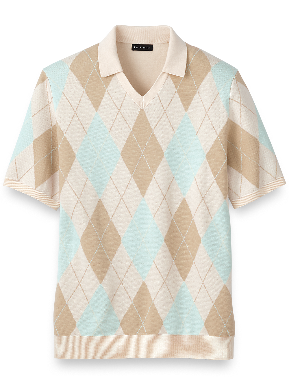 Product Image of Cotton V-neck Polo-Ivory/Aqua