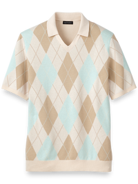 Cotton V-neck Polo - Ivory/aqua