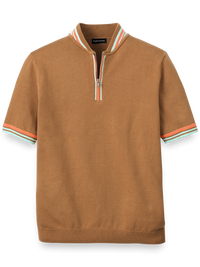 Cotton Quarter Zip Crew Neck Sweater - Brown