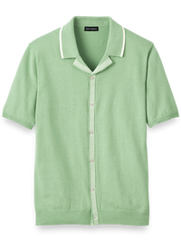 Cotton Button Front Camp Collar Sweater - Green