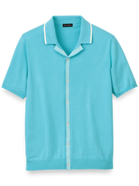 Cotton Button Front Camp Collar Sweater - Aqua