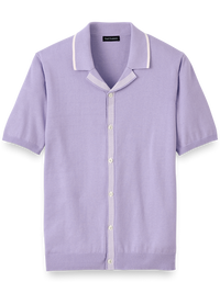 Cotton Button Front Camp Collar Sweater - Lavender