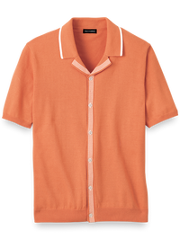 Cotton Button Front Camp Collar Sweater - Orange