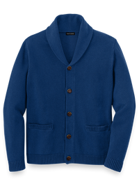 Cotton Button Front Shawl Collar Cardigan - Navy