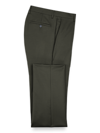 Classic Fit Wool Gabardine Flat Front Pants - Olive