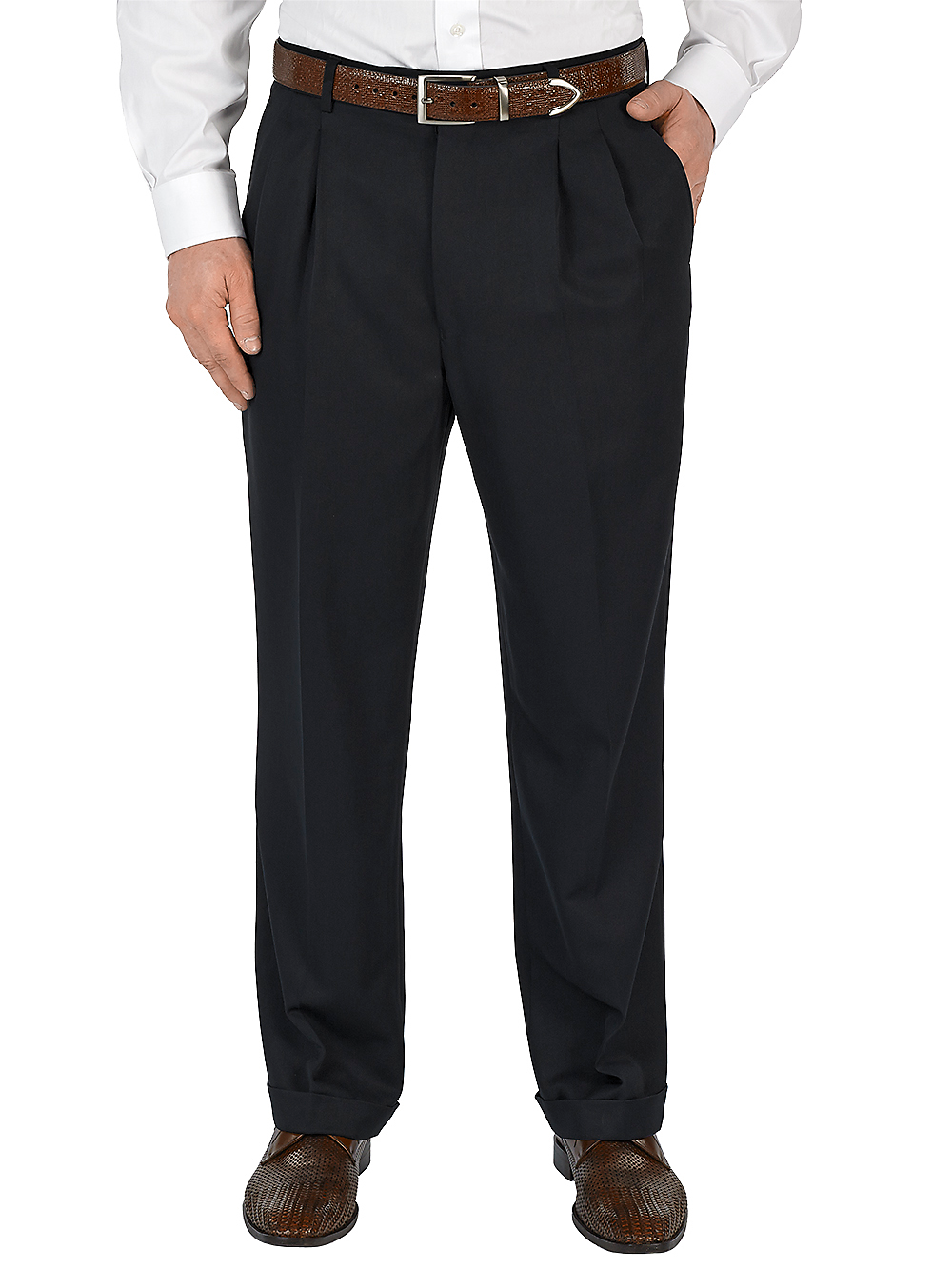 Product Image of Microfiber Solid Pleated Pants-Black#model_pleated front