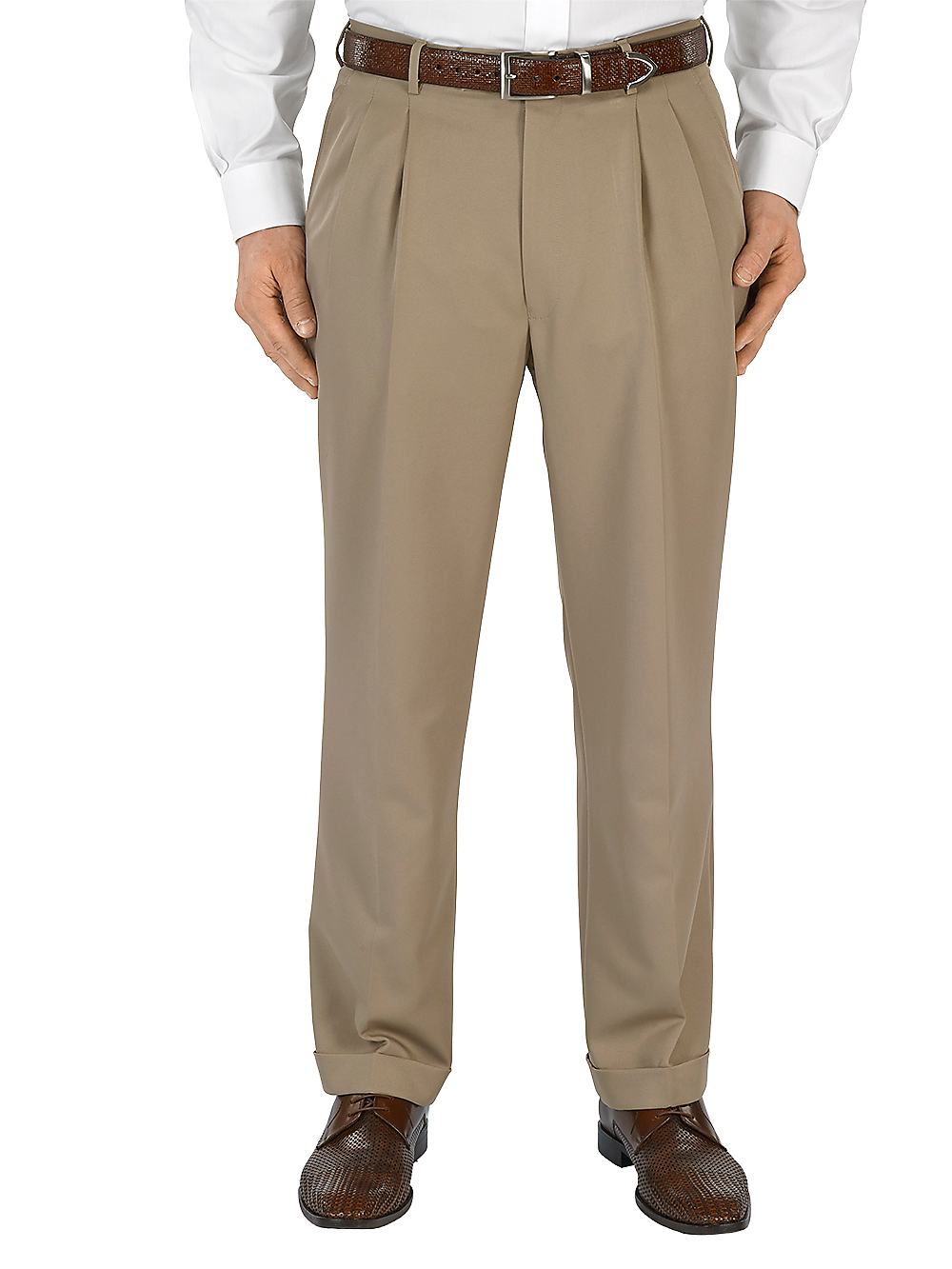 Product Image of Microfiber Solid Pleated Pants-Tan#model_pleated front