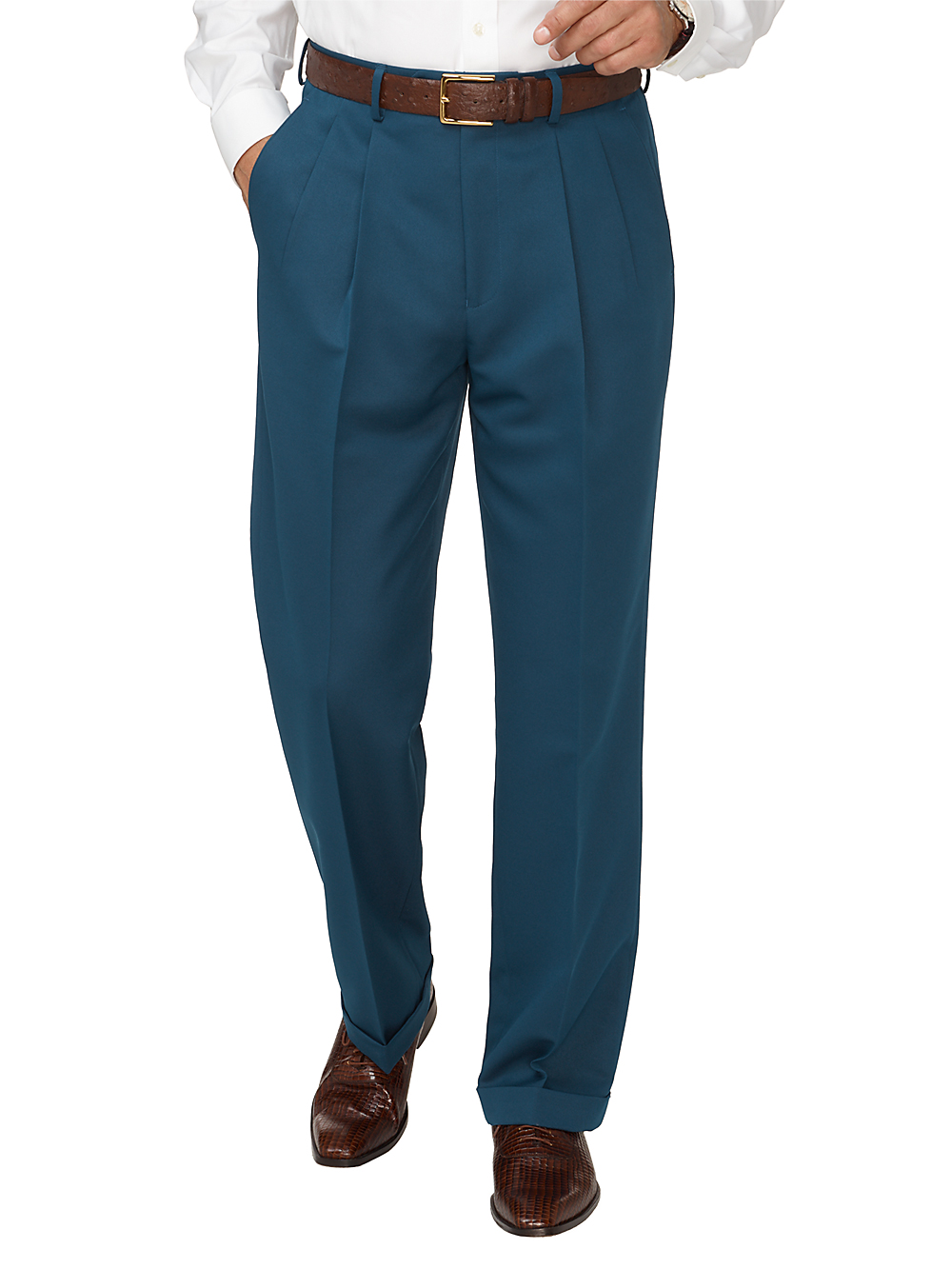 Product Image of Microfiber Solid Pleated Pants-Teal#model_pleated front