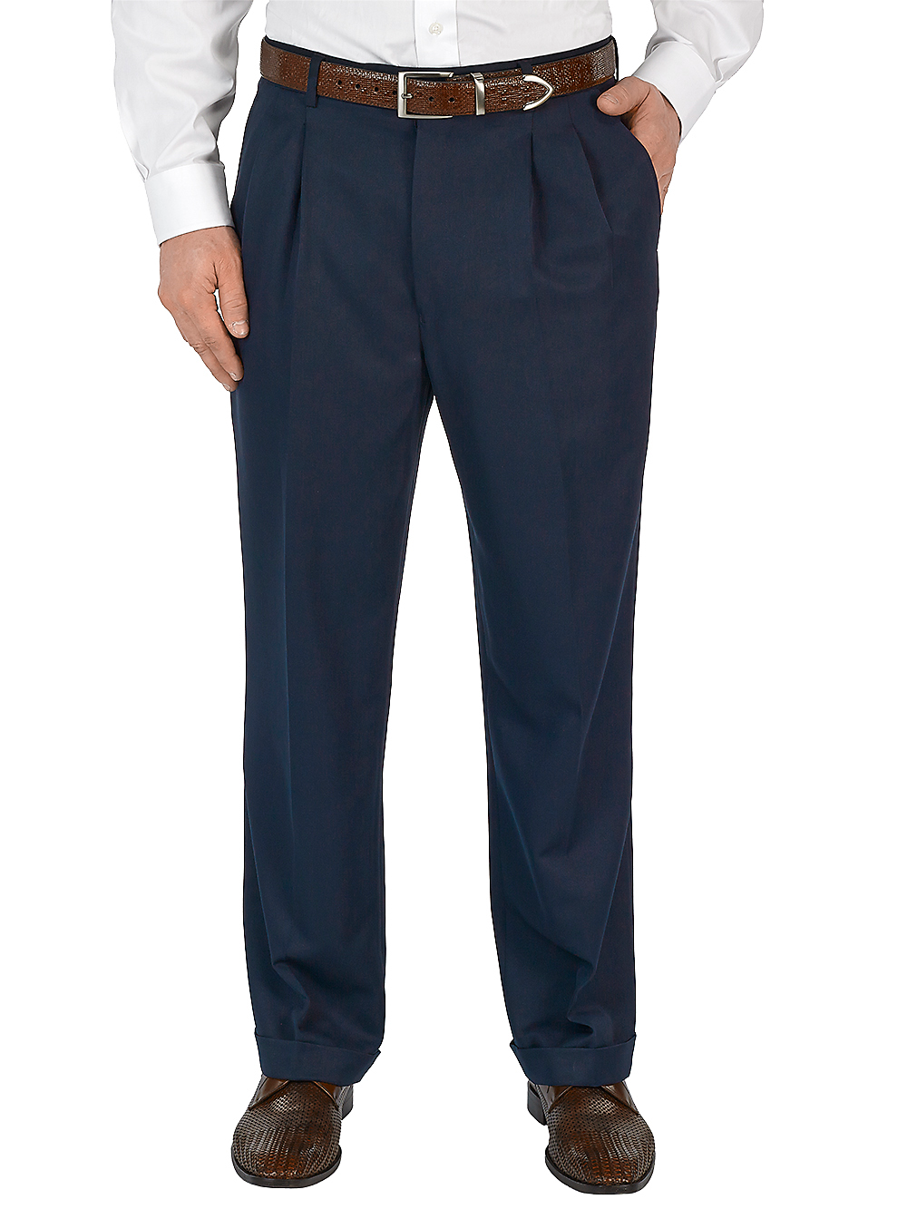 Product Image of Microfiber Solid Pleated Pants-Navy#model_pleated front