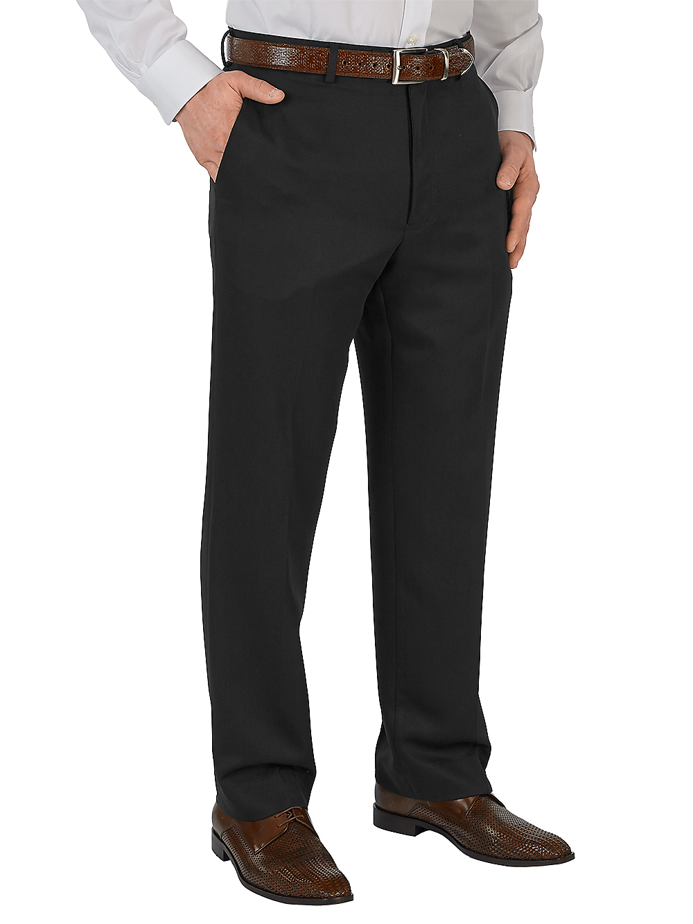 Product Image of Microfiber Solid Flat Front Pants-Black#model_flat front