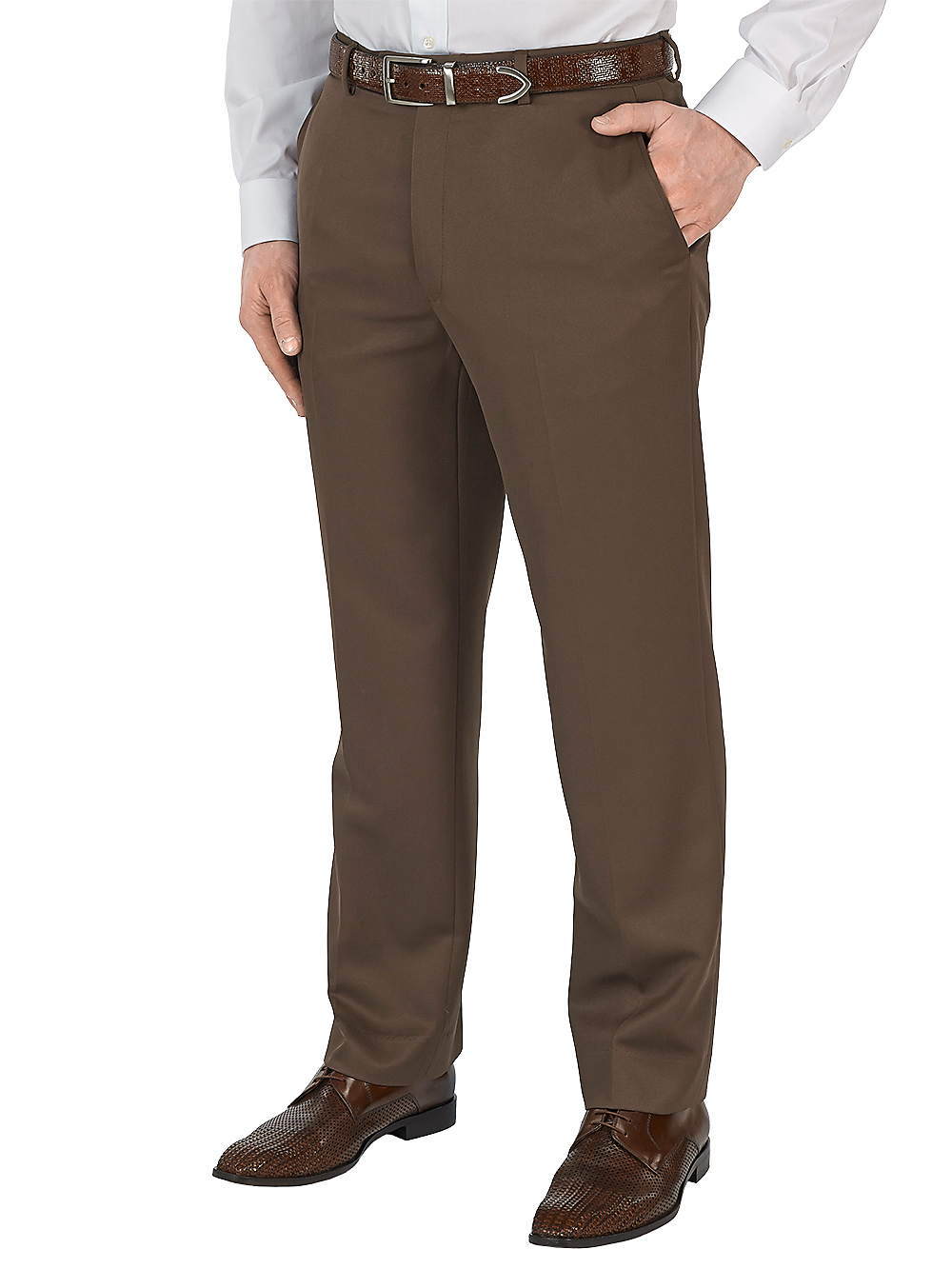 Product Image of Microfiber Solid Flat Front Pants-Cocoa#model_flat front