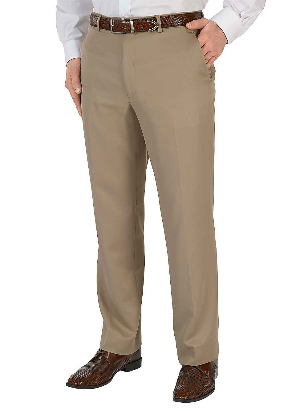 Product Image of Microfiber Solid Flat Front Pants-Tan#model_flat front