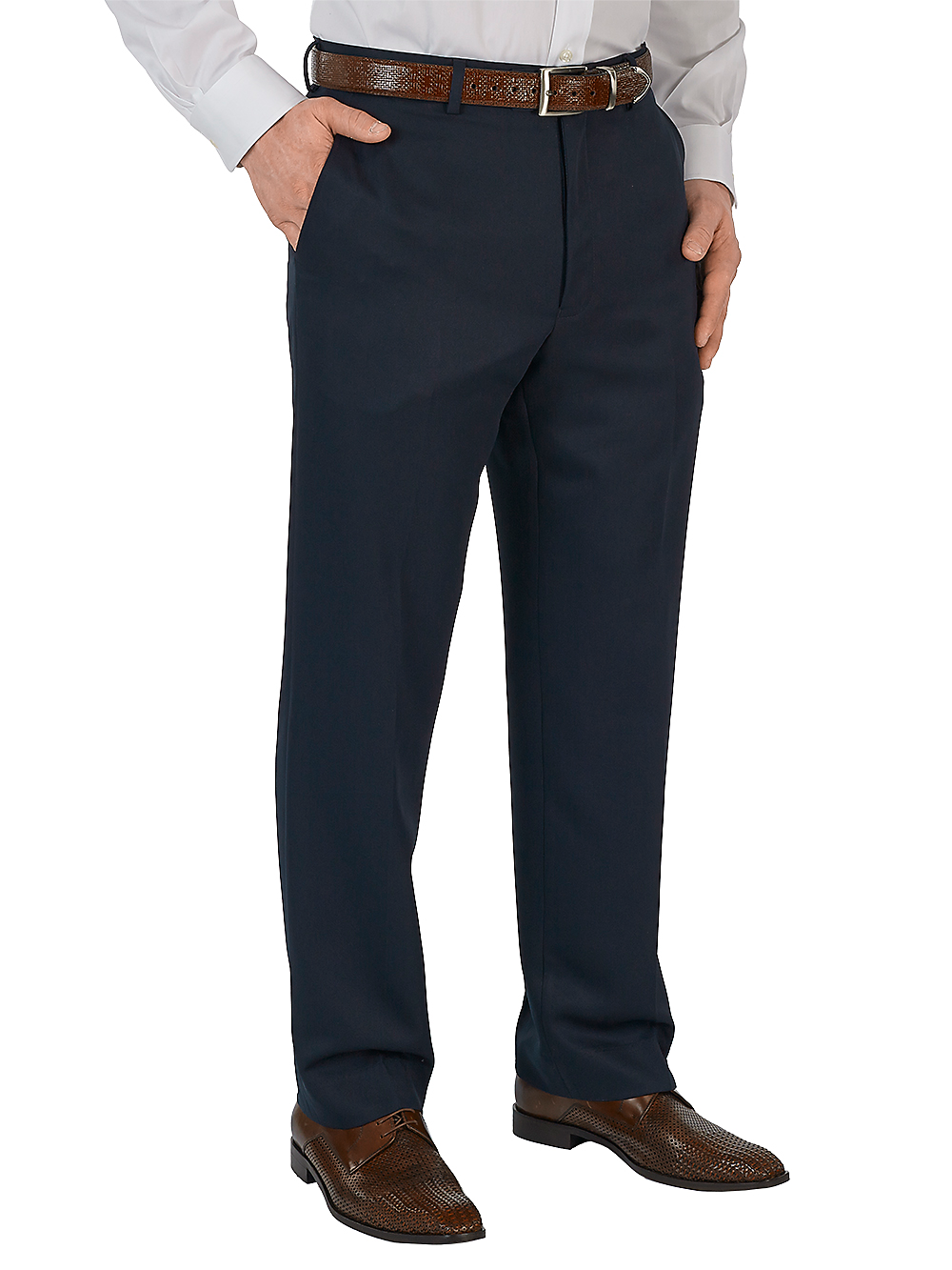 Product Image of Microfiber Solid Flat Front Pants-Navy#model_flat front